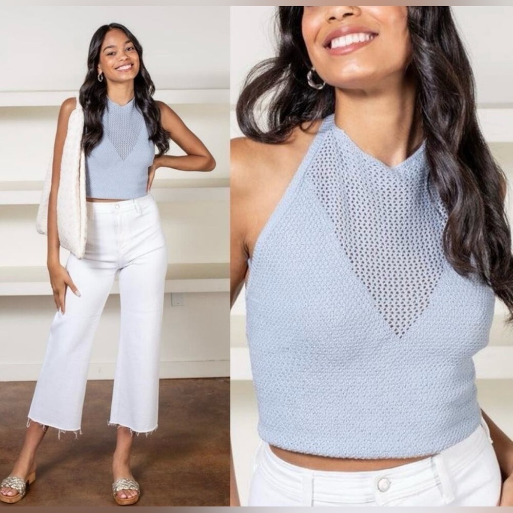525 America Revolve Fauxchet Halter Top in Lake Blue cotton Womens Large